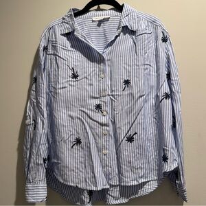 Jane + Delancey Blue Striped Button-Up Shirt with Palm Tree Embroidery